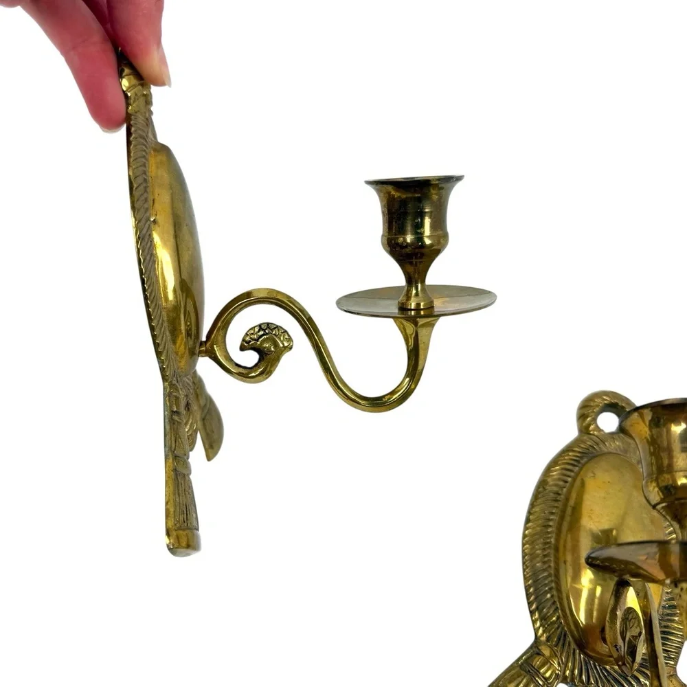 Vintage Brass Chinoiserie‎ Tassel Oval Wall Sconce Candle Holder Made in India